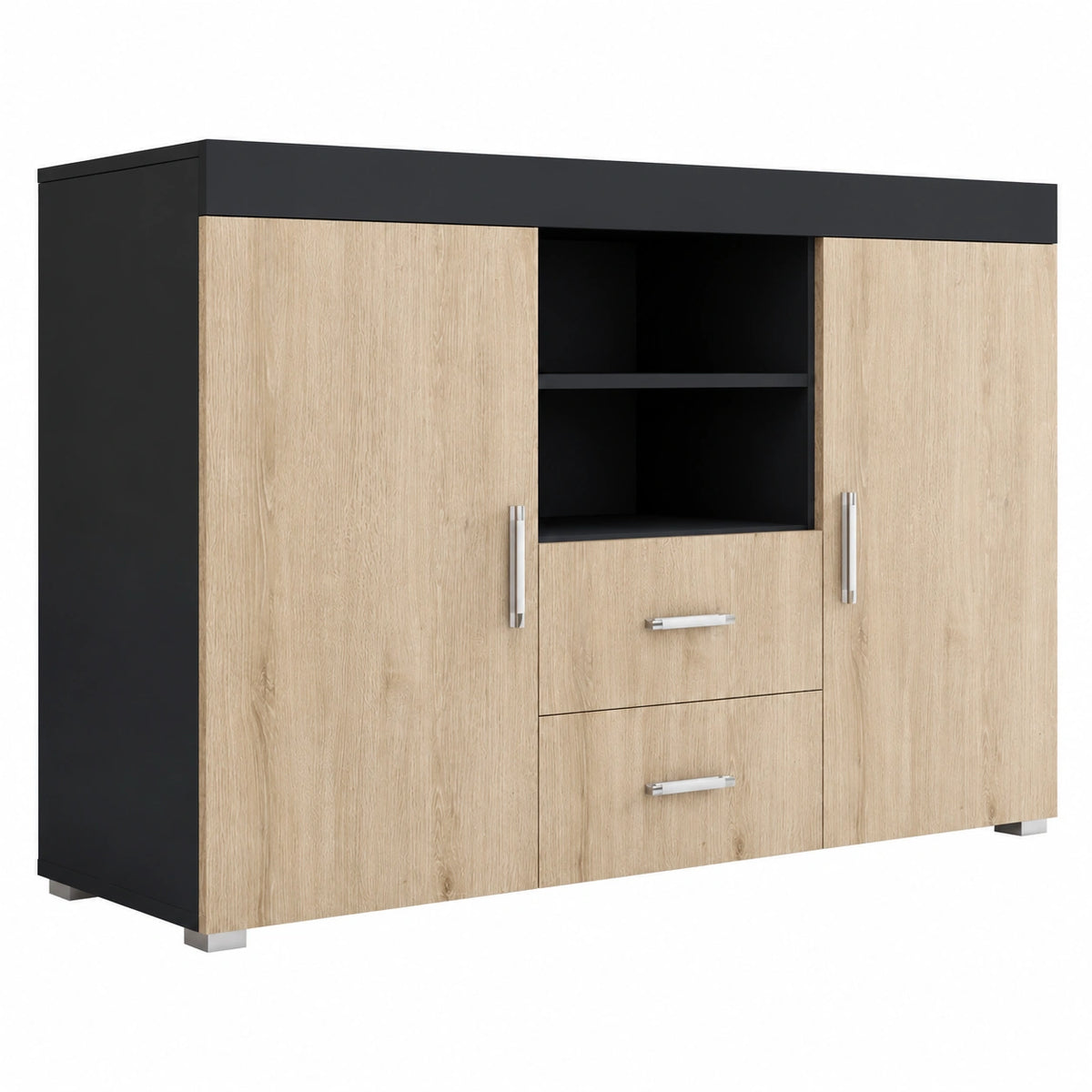 Credenza Stile Moderno Roque, Melamina Lucida, Nero e Sonoma, 140 × 80 × 40cm