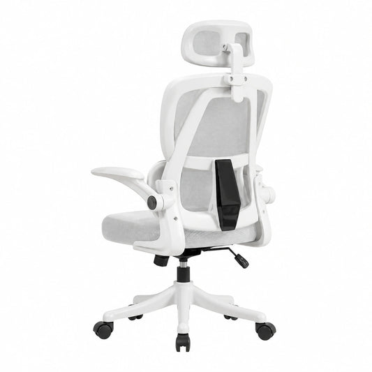 Sedia da Ufficio Ergonomica - Bianco, Sedia da Scrivania Regolabile con Schienale Alto in Rete, Supporto Lombare, Braccioli Ribaltabili, Per Ufficio