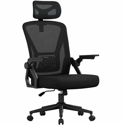 Sedia da Ufficio, Con Braccioli Ribaltabili a 90°, Rivestimento in Rete Traspirante, Sedia Girevole a 360° Con Funzione Swing (Con poggiatesta, Nero)