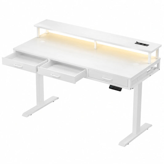 Scrivania Regolabile in Altezza con 3 Cassetti, 140cm, Bianco, Scrivania Elettrica con Supporto per Monitor, Scrivania Regolabile Scrivania Gaming