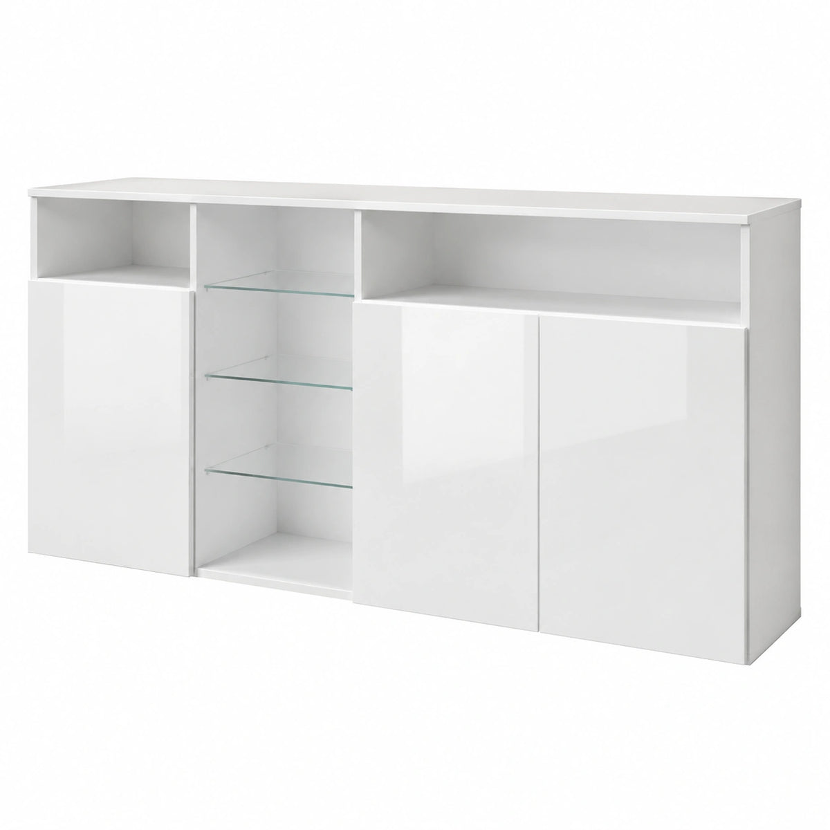 Credenza Madia Clark, Soggiorno Moderno, LED, Bianco Lucido, 150 × 72 × 35 cm