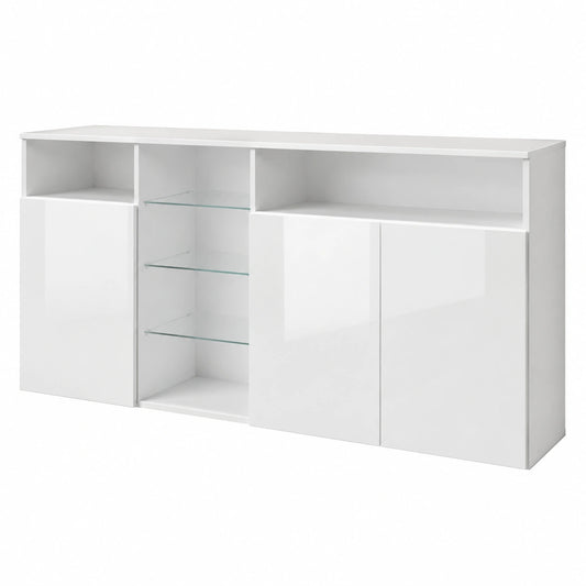 Credenza Madia Clark, Soggiorno Moderno, LED, Bianco Lucido, 150 × 72 × 35 cm